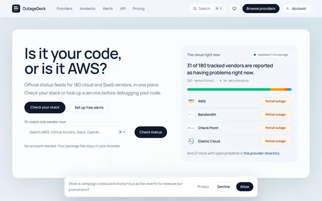 Screenshot of OutageDeck — Outage alerts for AWS, Cloudflare, OpenAI & 160+ vendors