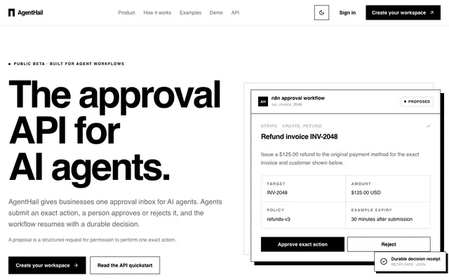 Screenshot of AgentHail — Approval API for AI Agents