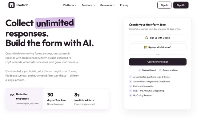 Screenshot of AI Form Builder - Create Forms, Surveys & Workflows - Ovoform