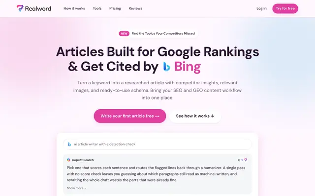 Screenshot of Realword - Articles That Sound 100% Human & Rank on AI Search