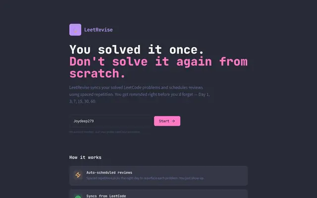 Screenshot of LeetRevise — Spaced Repetition for LeetCode