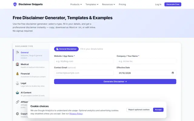Screenshot of Free Disclaimer Generator & Templates | SafeClause