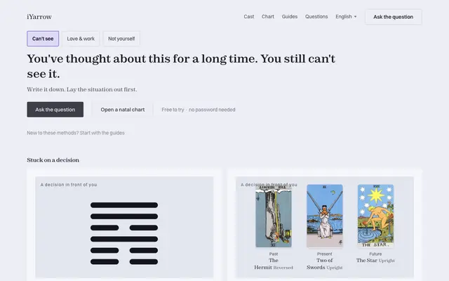 Screenshot of iYarrow — consult the I Ching on your decisions