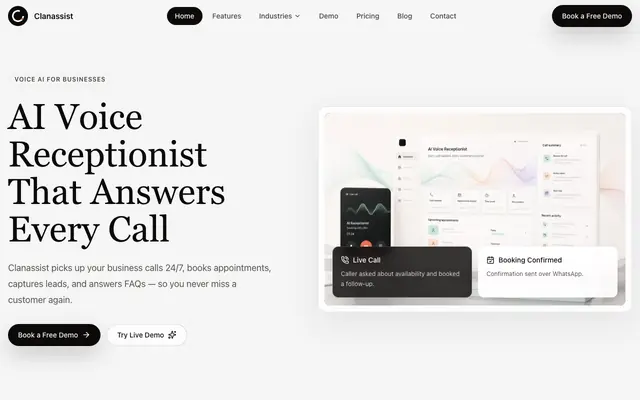 Screenshot of Clanassist | AI Voice Receptionist — Answer Every Call, 24/7