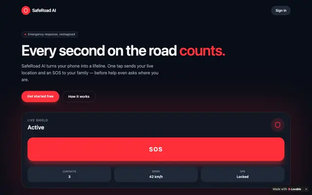 Screenshot of SafeRoad AI — Emergency SOS & live location for the road