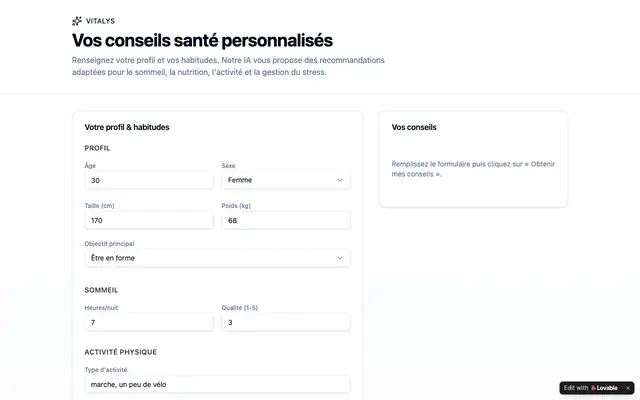 Screenshot of Conseils Santé & Bien-être IA — Vitalys