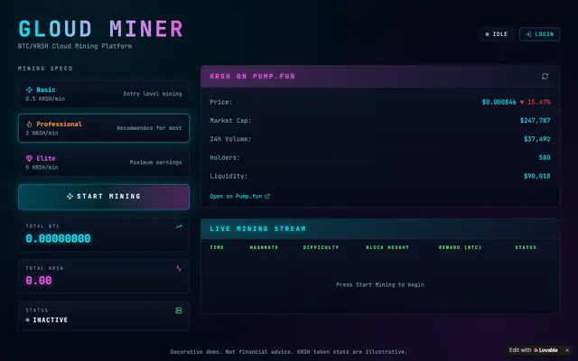 Screenshot of Gloud Miner — BTC/KRSH Cloud Mining