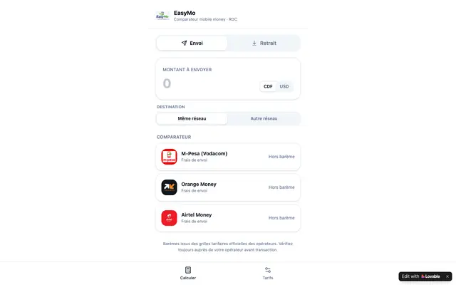 Screenshot of EasyMo — Calculateur & comparateur mobile money