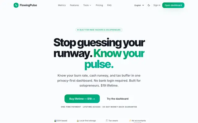 Screenshot of FlowingPulse — Stop guessing your runway. Know your pulse.