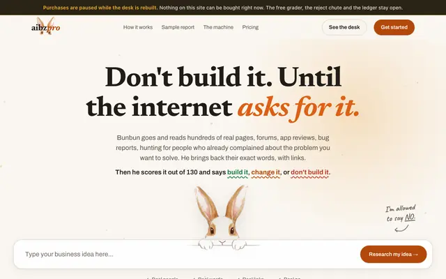 Screenshot of AIBZPRO · The Idea Vending Machine