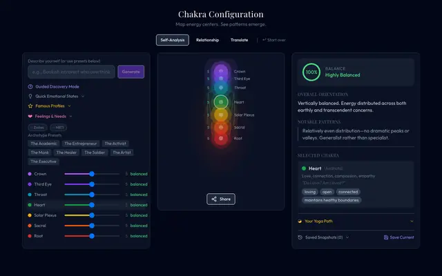 Screenshot of Chakra Configuration Simulator | Personality Analysis Through Energy Patterns