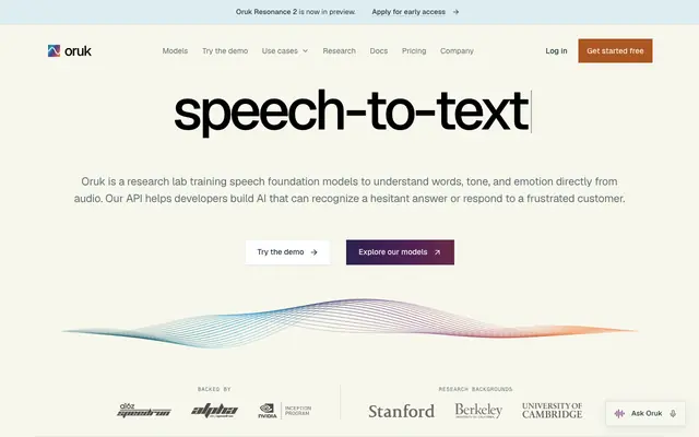 Screenshot of oruk — Speech API for transcripts, emotion, and style