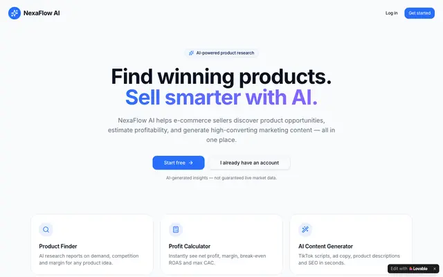 Screenshot of NexaFlow AI — AI Product Research & Marketing for E-commerce