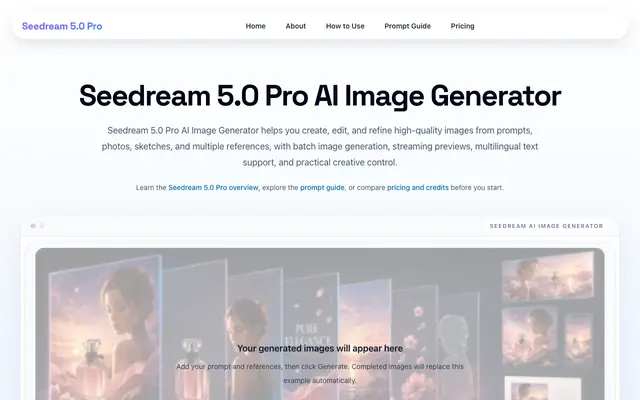 Screenshot of Seedream 5.0 Pro AI Image Generator — Batch & Edit