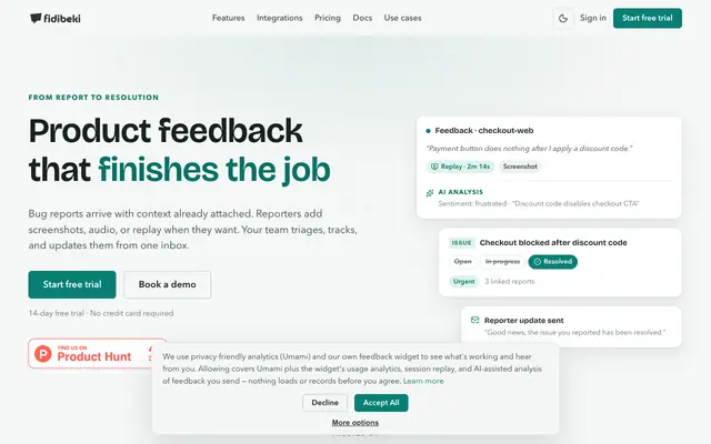 Screenshot of Fidibeki — Product feedback that finishes the job