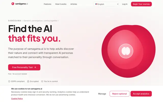 Screenshot of samagama.ai - Find the AI that fits you