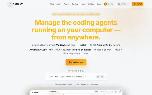 Screenshot of ADHDev — Manage your coding agents from anywhere
