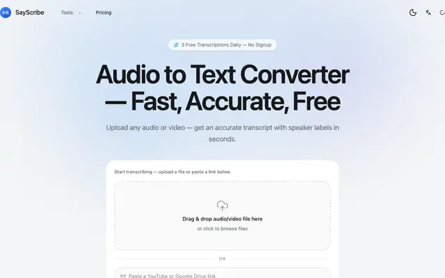Screenshot of Audio to Text Converter – Free AI Transcription | SayScribe