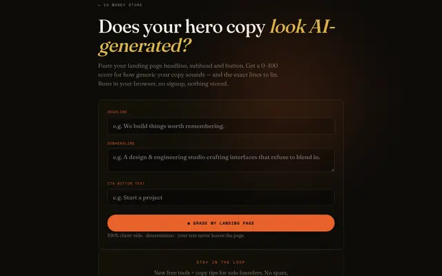 Screenshot of Landing Page Grader — Does your hero copy look AI-generated? (Free)