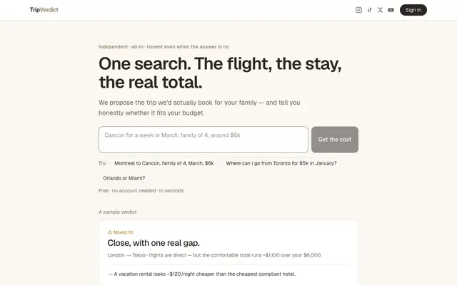 Screenshot of TripVerdict — Know exactly what would make your trip work