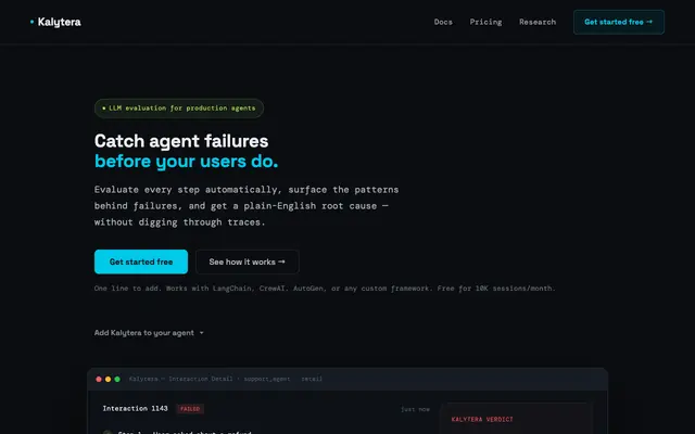 Screenshot of Kalytera — Find where your agent fails