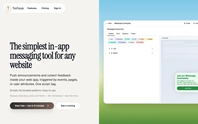 Screenshot of TinyPopups — Lightweight In-App Messaging for SaaS