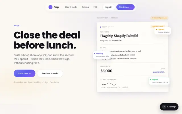 Screenshot of Propi — Close clients in minutes, not days