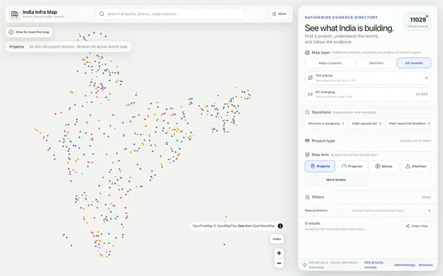 Screenshot of India Infra Map · Public infrastructure, mapped to evidence