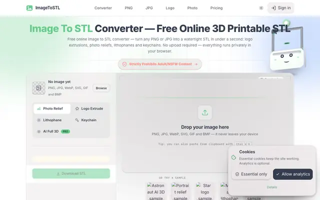 Screenshot of Image to STL Converter — Free PNG/JPG to 3D Print STL Online
