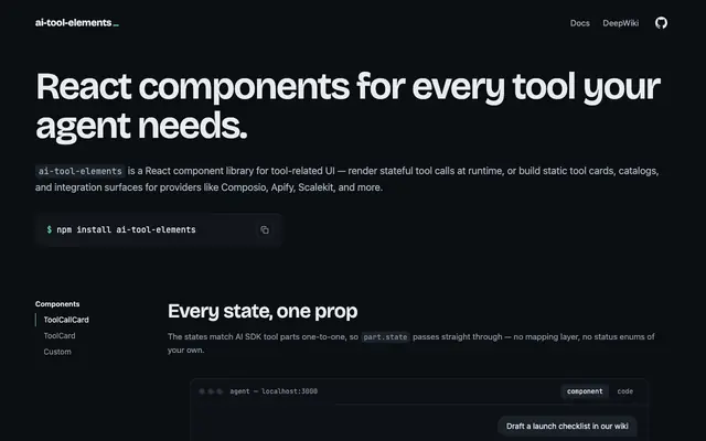 Screenshot of ai-tool-elements — typed React cards for every tool your AI calls