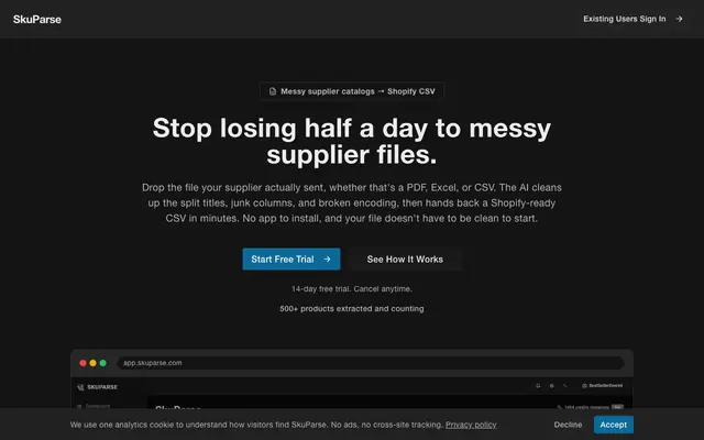 Screenshot of SkuParse | Supplier catalogs to Shopify-ready CSV