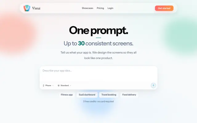 Screenshot of Vistui — AI UI & App Design Tool | Full Design Flows from One Prompt