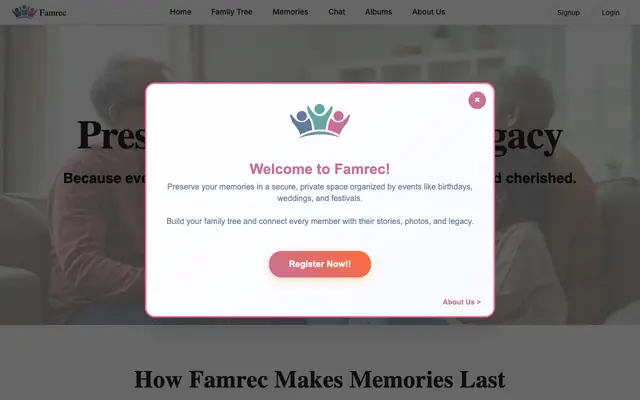 Screenshot of Famrec | Preserve Family Memories & Build Your Family Tree
