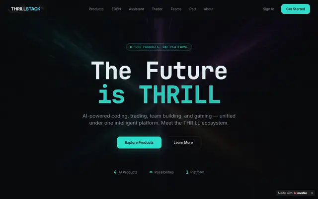 Screenshot of Thrillstack — AI-Powered Coding, Trading & Teams