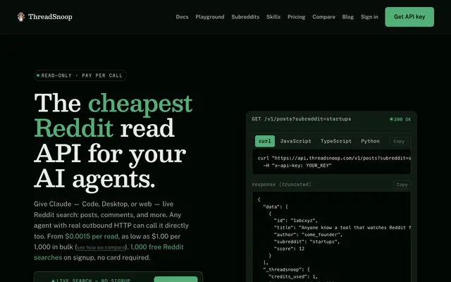 Screenshot of Reddit API for AI Agents — Cheapest Read API | ThreadSnoop