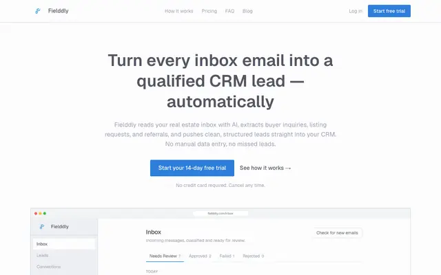 Screenshot of Fielddly — Turn Every Inbox Email Into a Qualified CRM Lead, Automatically