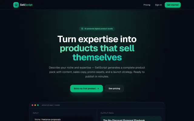 Screenshot of SellScript — Turn what you know into a digital product