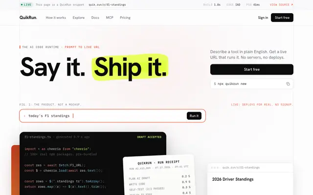 Screenshot of QuikRun · Say it. Ship it.