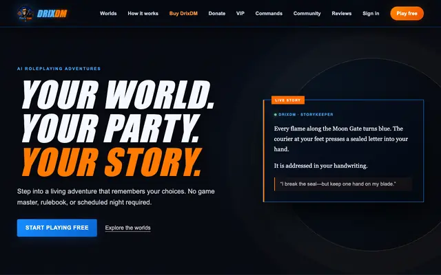 Screenshot of DrixDM | AI Roleplaying Adventures – Your world. Your party. Your story.