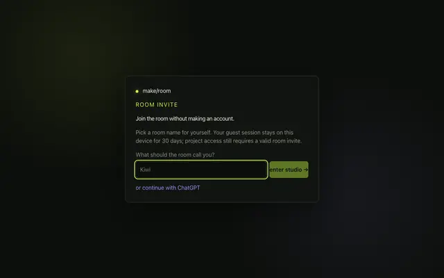 Screenshot of make/room — the group chat that becomes an app