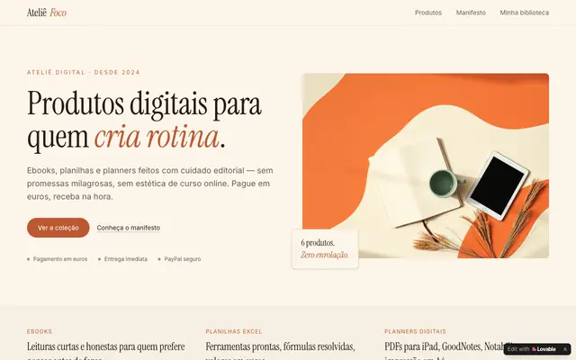 Screenshot of Ateliê Foco — Ebooks, planilhas e planners digitais