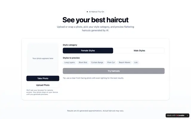 Screenshot of HairTry — See Your Best Haircut with AI