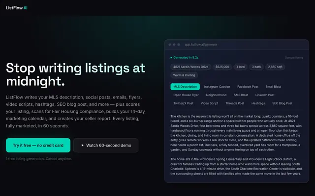 Screenshot of ListFlow AI — Every listing. Fully marketed. In 60 seconds.