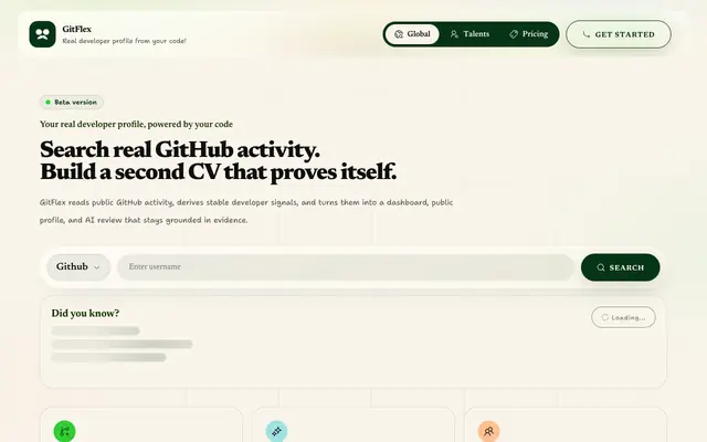 Screenshot of GitFlex — Real developer profile from your GitHub