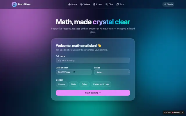 Screenshot of MathGlass — Learn math with a glassy AI tutor