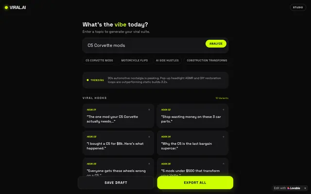 Screenshot of VIRAL.AI — AI Viral Content Studio for Instagram