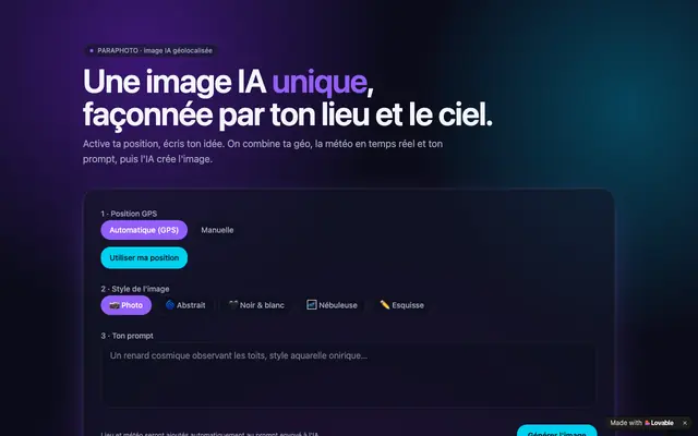 Screenshot of PARAPHOTO — image IA depuis ta position et la météo