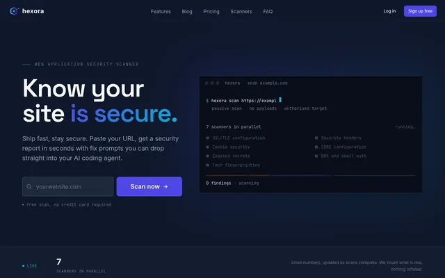 Screenshot of Hexora — Know your site is secure.