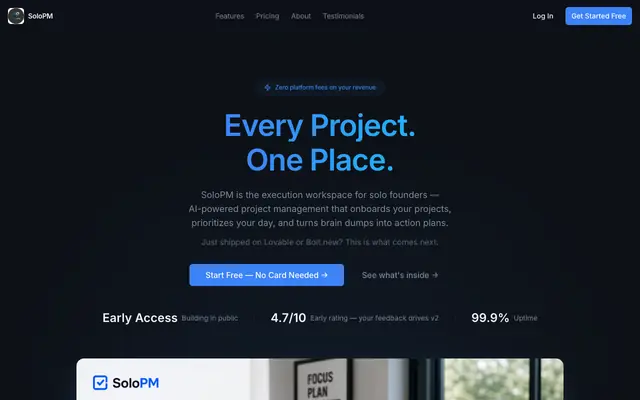 Screenshot of SoloPM — Project management for solo founders