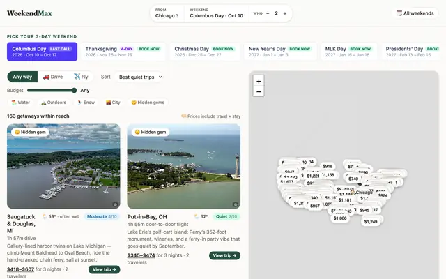 Screenshot of WeekendMax — max your 3-day weekends. Zero PTO required.